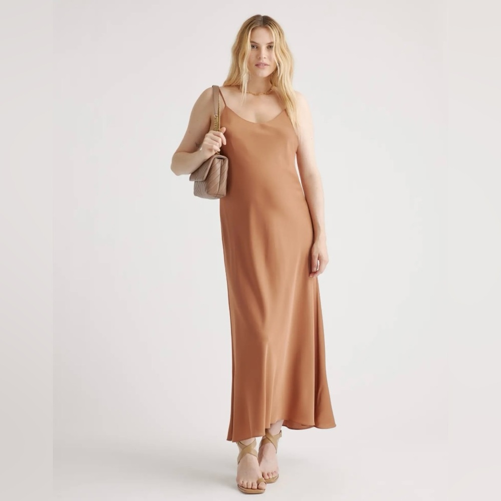 Quince Washable Stretch Silk Maternity Slip Dress in Copper Brown